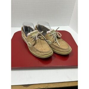 Sperry Gingham Sequin Boat Shoes 7.5M Tan Pink Leather Preppy Coastal Nautical